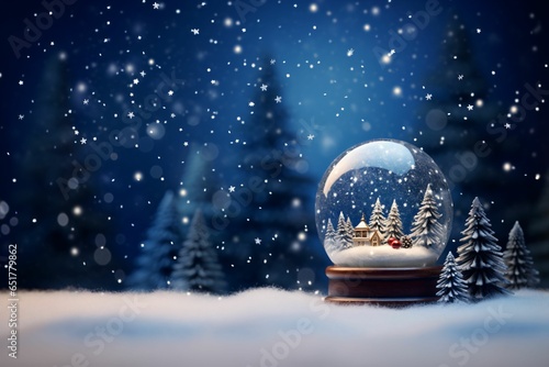 Miniature Christmas village in snow globe with snowfall background. Winter concept with copy space © Tazzi Art