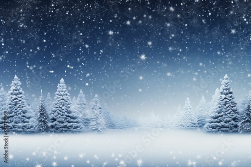 Snowfall background of tree and snowflakes. Winter holiday concept with copy space