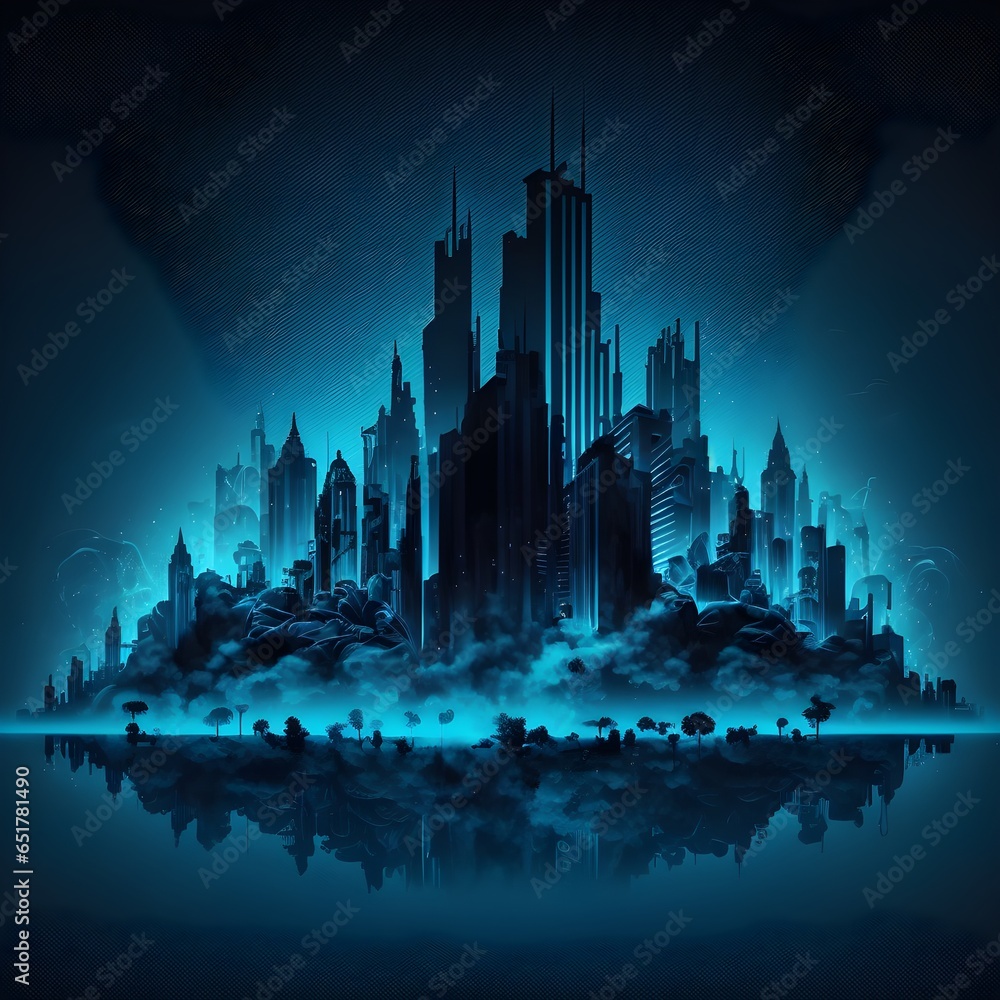 banner of a city with no background blue and black glowing 