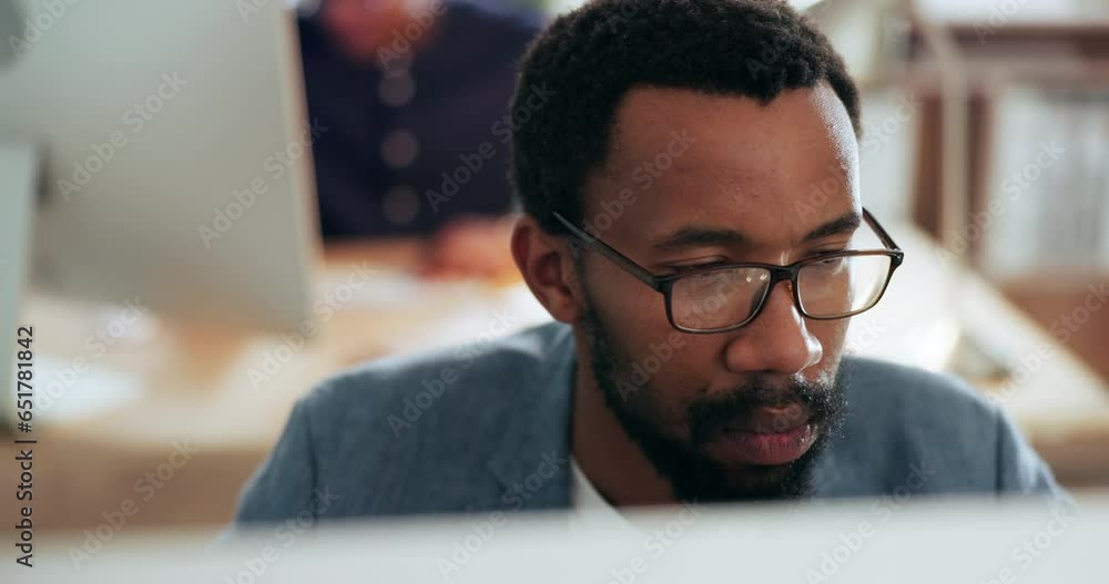 Thinking, face and black man in office reading, search and brainstorming business solution. Research, planning and African male designer online for design information, project management or proposal Thinking, face and black man in office reading, search and brainstorming business solution. Research, planning and African male designer online for design information, project management or proposal