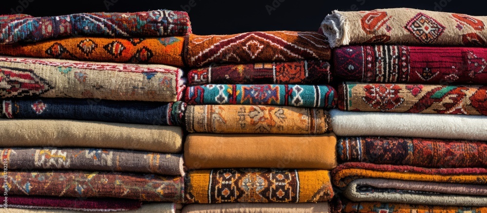 Assorted stunning Oriental carpets at a traditional Middle Eastern store