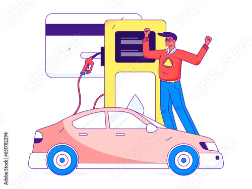 Vector Internet operation hand-drawn illustration of people getting discounts for refueling their cars