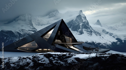 A house is shown with snow-capped mountains, in the style of futuristic settings, dark and brooding designer, nature-inspired, havencore, sharp and angular