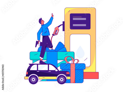 Vector Internet operation hand-drawn illustration of people getting discounts for refueling their cars