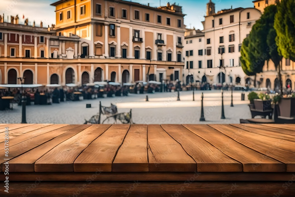 3d rendering Empty wooden table top with blur background of Rome. Exuberant image. For mounting your product. digital art.