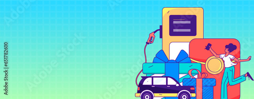 Vector Internet operation hand-drawn illustration of people getting discounts for refueling their cars