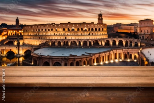 3d rendering Empty wooden table top with blur background of Rome. Exuberant image. For mounting your product. digital art.