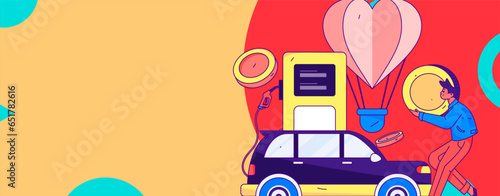 Vector Internet operation hand-drawn illustration of people getting discounts for refueling their cars