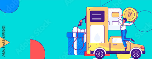 Vector Internet operation hand-drawn illustration of people getting discounts for refueling their cars
