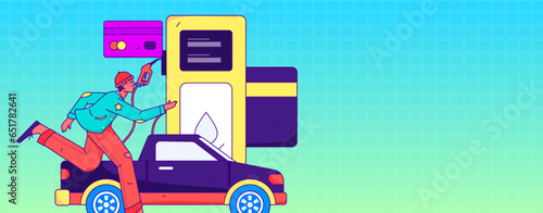 Vector Internet operation hand-drawn illustration of people getting discounts for refueling their cars