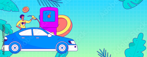 Vector Internet operation hand-drawn illustration of people getting discounts for refueling their cars
