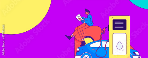 Vector Internet operation hand-drawn illustration of people getting discounts for refueling their cars