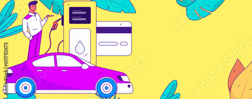 Vector Internet operation hand-drawn illustration of people getting discounts for refueling their cars