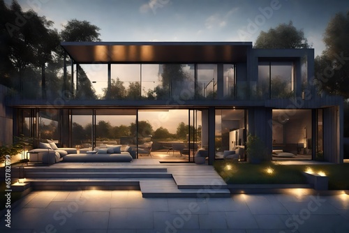 Modern house exterior evening view with interior lighting.