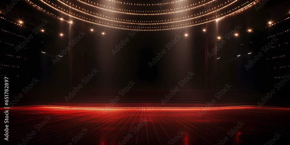 Empty musical stage. Luxurious music stage. Red spotlight. Background backdrop. - obrazy, fototapety, plakaty 