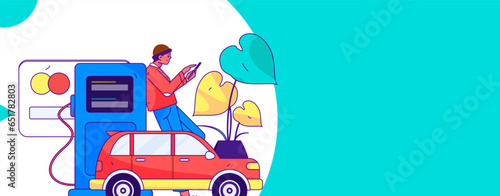 Vector Internet operation hand-drawn illustration of people getting discounts for refueling their cars