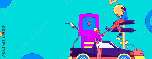 Vector Internet operation hand-drawn illustration of people getting discounts for refueling their cars
