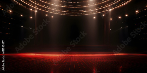 Empty musical stage. Luxurious music stage. Red spotlight. Background backdrop. © Lucianastudio