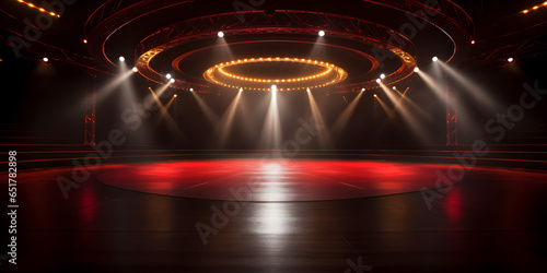 Empty musical stage. Luxurious music stage. Red spotlight. Background backdrop.