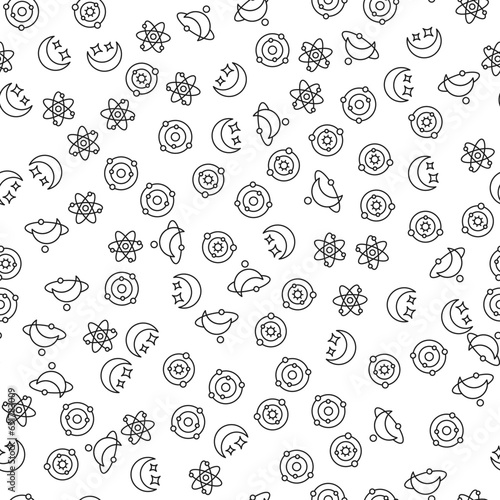 Different Celestial Bodies Various Planets in Universe Seamless Pattern. Perfect for web sites, postcards, wrappers, stores, shops