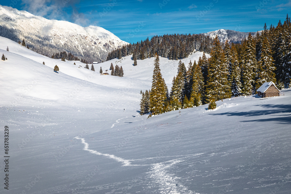 Winter landscape and deep snowy hiking trail in Carpathians, Romania