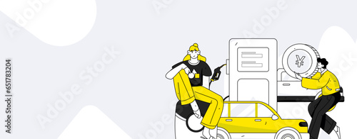 Vector Internet operation hand-drawn illustration of people getting discounts for refueling their cars