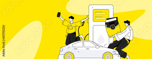 Vector Internet operation hand-drawn illustration of people getting discounts for refueling their cars
