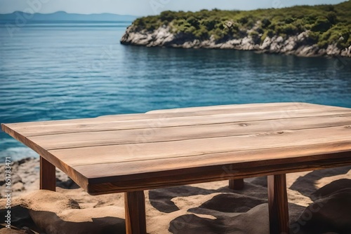 Wooden table on the background of the sea  island and the blue sky. 3d rendering 