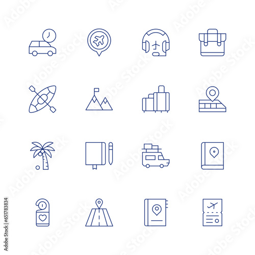 Travel line icon set on transparent background with editable stroke. Containing arrival, canoe, coconut tree, doorknob, flight, headset, hiking, luggage, notebook, road, suitcase, train, travel.