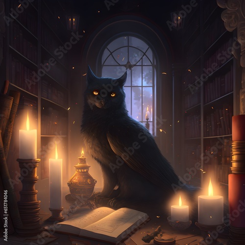 fantasy dd black cat with wings library candles 8k resolution 