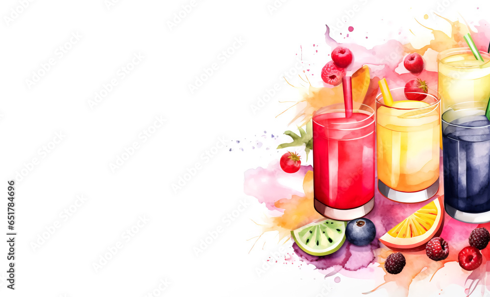 Watercolor background of smoothies, fresh juices and fruits for sober event