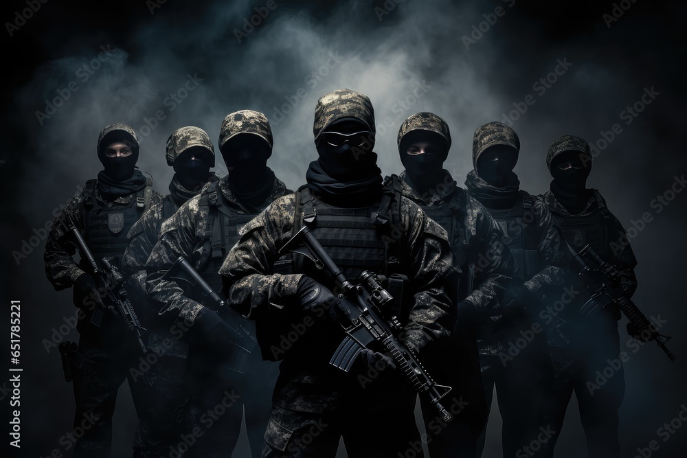 Group of soldiers with assault rifles in the smoke on a dark background, Stealth, armed forces, masked military soldiers with full gear war set up, combat warriors