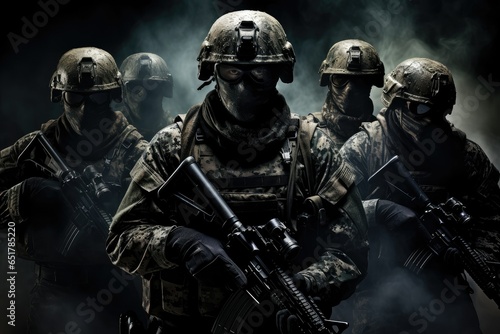United States Navy special forces soldiers in action, Studio shot over black background, modern gear army soldiers, battlefield warriors