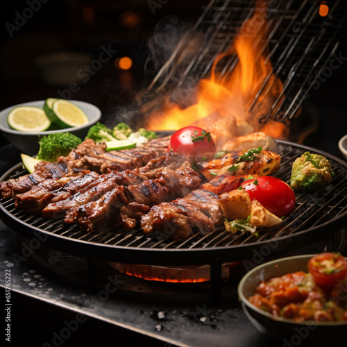 Grilled meat on fire