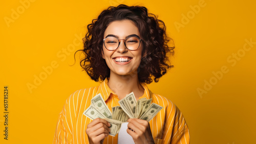 A cheerful young woman holding money banknotes and celebrating. generative ai photo