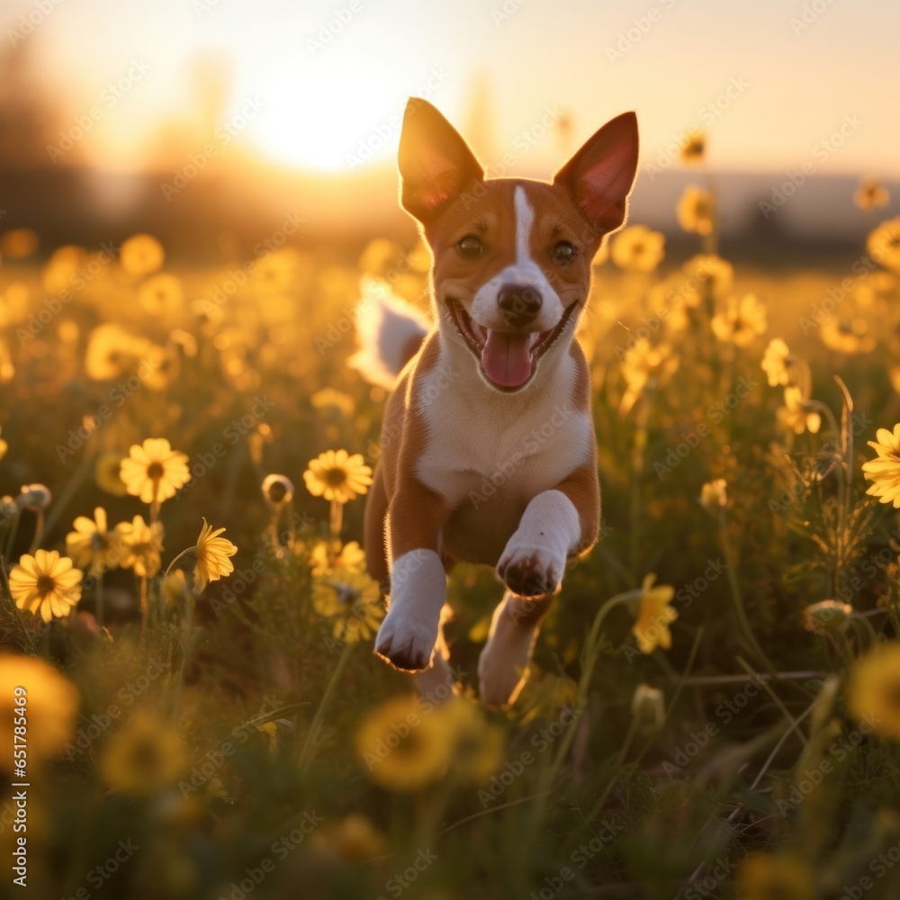 A photorealistic image of a Basenji puppy running through a field of wildflowers in the golden hour