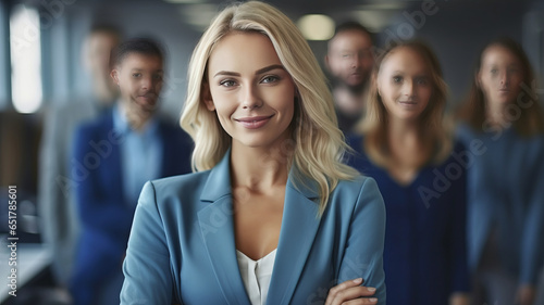 Smiling confident business leader looking at camera and standing in an office.