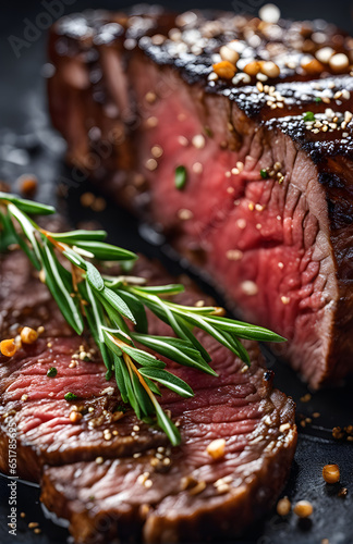 Grilled wagyu beef steak with spices and herbs on dark background