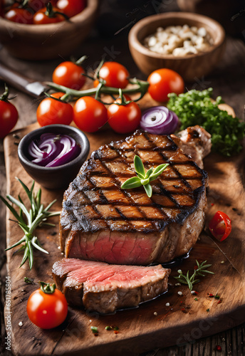 Grilled wagyu beef steak with spices and herbs on dark background