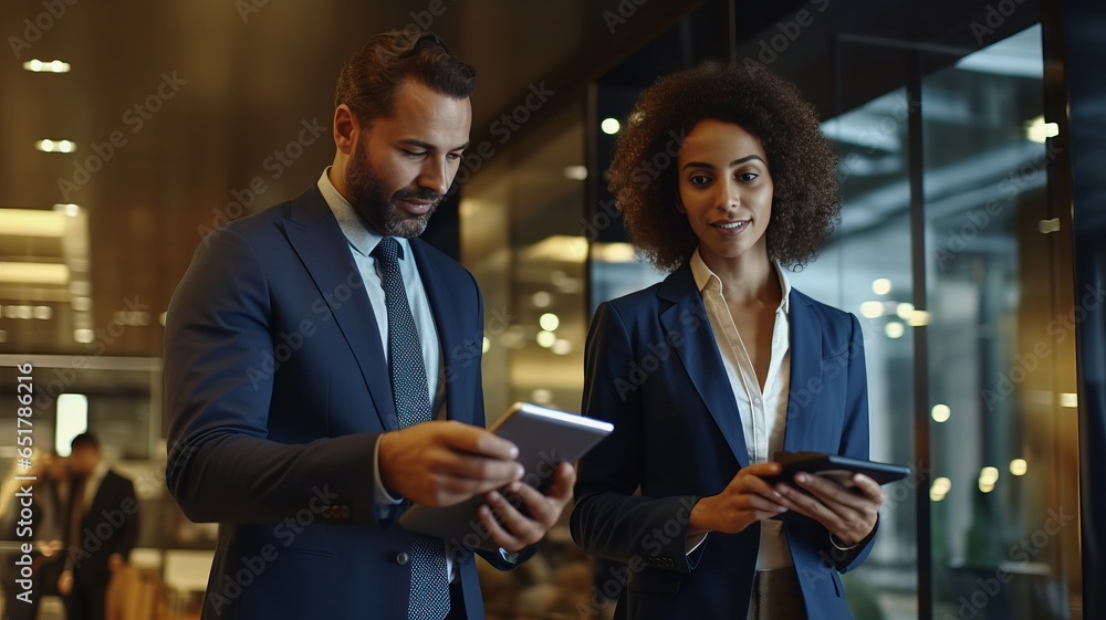 Two young businesspeople using a digital tablet while standing in a boardroom.