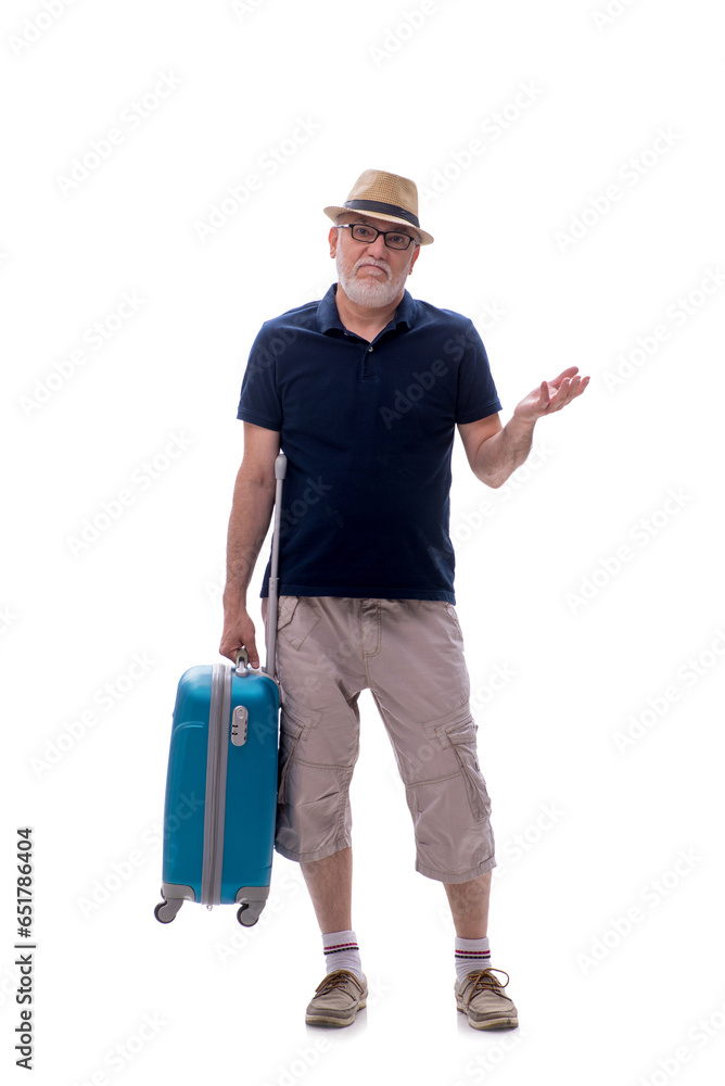 Old man in travelling concept isolated on white Old man in travelling concept isolated on white