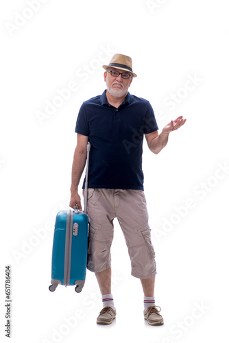 Old man in travelling concept isolated on white