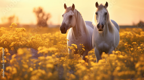 two horses on a field with yellow flowers and sunlight