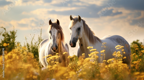 two horses on a field with yellow flowers and sunlight