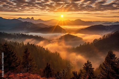 AI Generate A breathtaking sunrise over a misty mountain range.