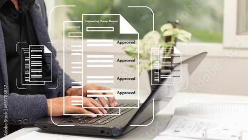 Engineer review Engineering Change Request document from customer and approved all items at workplace in office, Process design new product concept photo