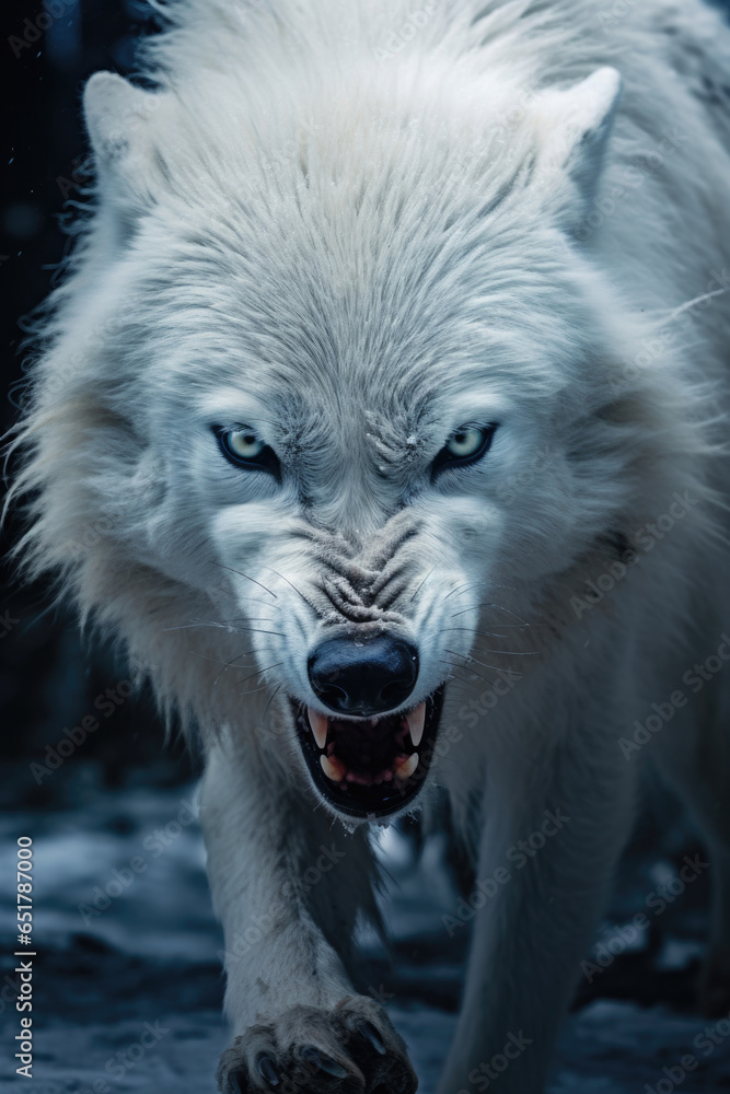 An angry snow-white and clean wolf looking at the camera