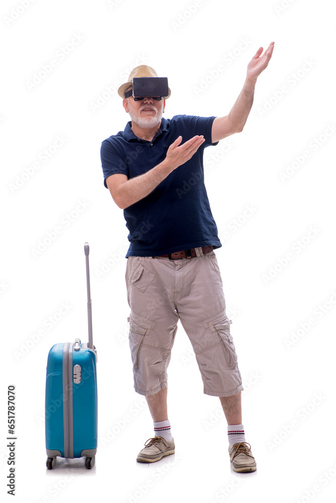 Old man in travelling concept isolated on white Old man in travelling concept isolated on white
