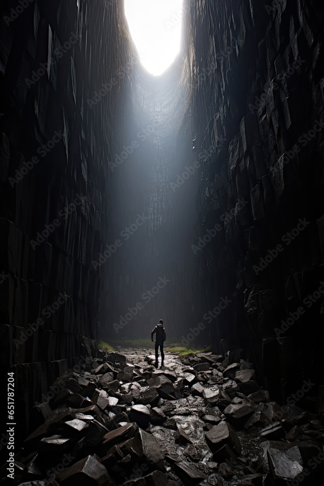 Obraz premium Man at bottom of valley, large, shadowy rock walls surrounding him, pov towards the sky visible through the crevasse