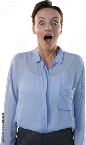 Digital png photo of surprised caucasian businesswoman on transparent background